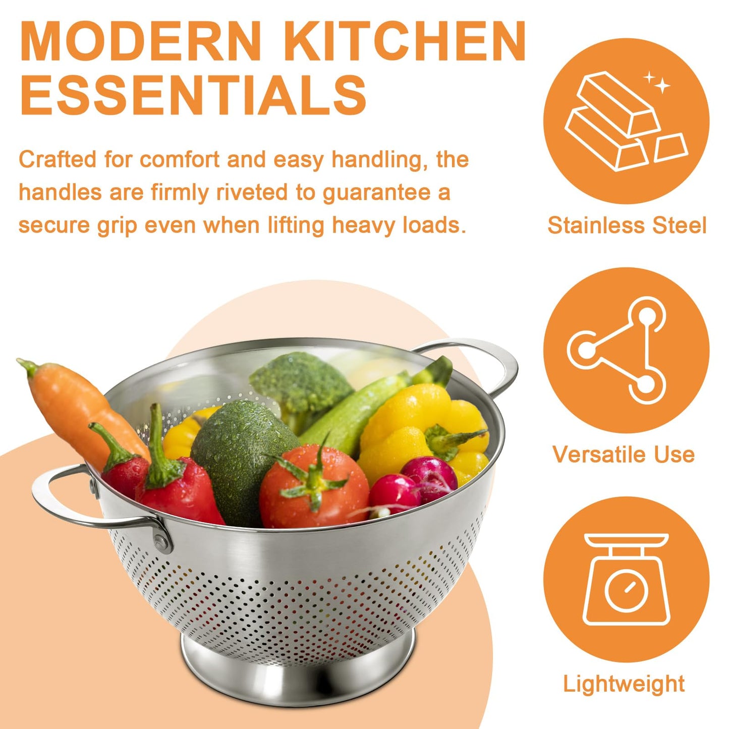 Stainless Steel Colander for Kitchen | 5 Quart Durable Rice and Pasta Strainer with Handle | Oversized Handles | Nesting Design | Rust-Resistant & Dishwasher Safe