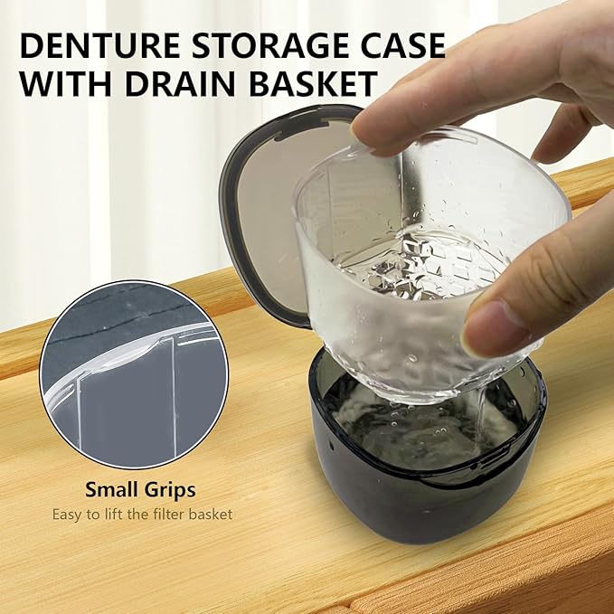 Denture Case Partial Denture Cups for Soaking Dentures, No-Leak Denture Soaking Container Retainer Cleaning Case with Brush for Household|Travel|Office - Transparent Black