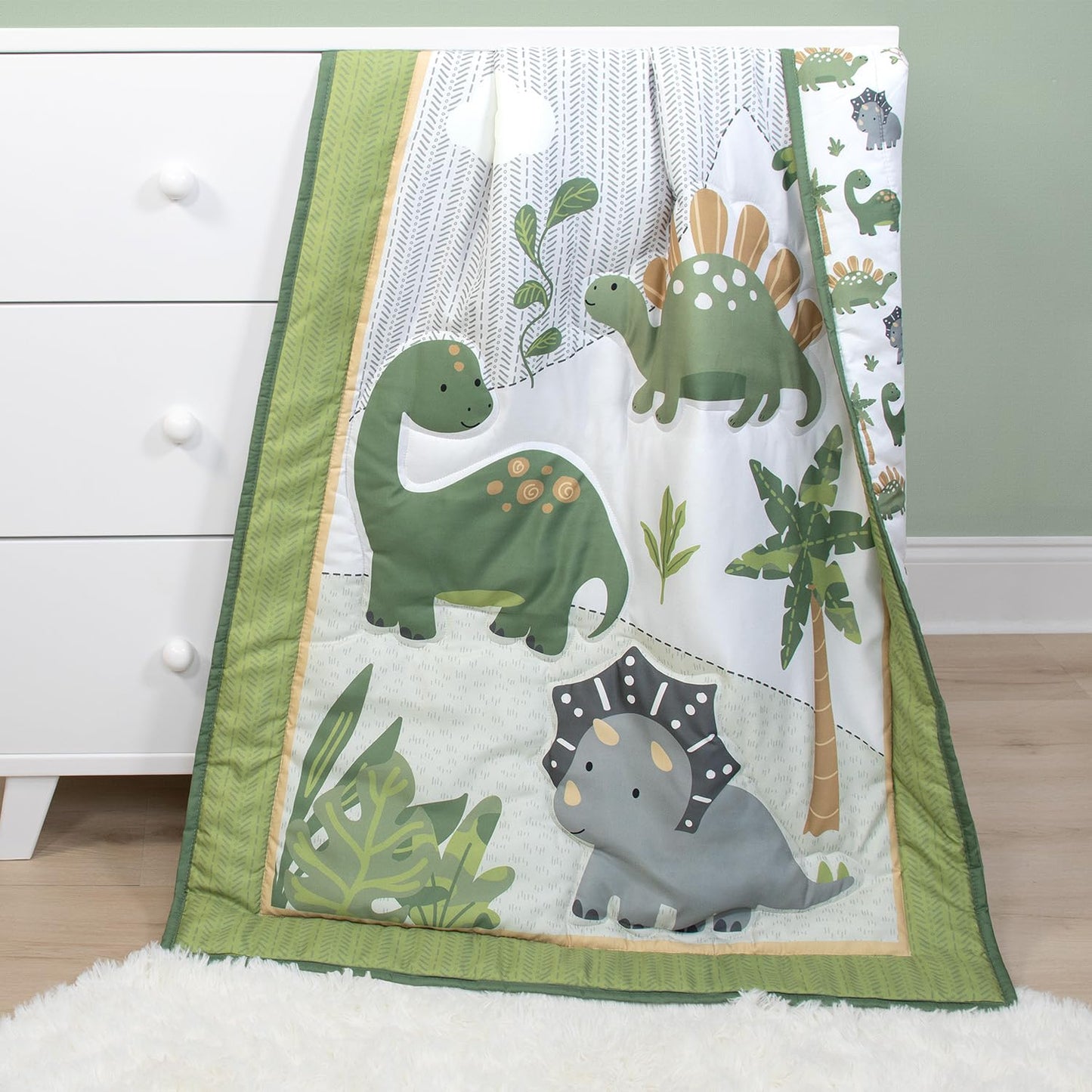 The Peanutshell 3 Piece Baby Crib Bedding Set for Boys - Newborn, Infant & Toddler Nursery Bed Set Decor with Fitted Crib Sheet, Dust Ruffle Comforter - Dinosaur Dreams
