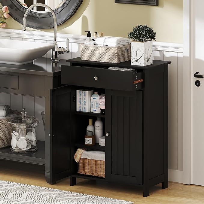 Tangkula Bathroom Storage Cabinet, Freestanding Floor Organizer w/ 2 Doors, 1 Drawer & 1 Adjustable Shelf, Modern Home Bathroom Furniture for Living Room Entryway Kitchen (Cabinet & Drawer, Black)