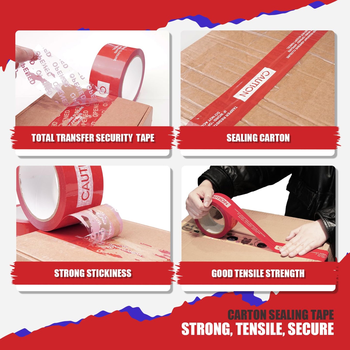 JKMCIM 1 Roll 100% Total Transfer Tamper Evident Tape Security Tape Packaging Tape for Boxes(2 Inch X 55 Yards X 2 Mil,Red)