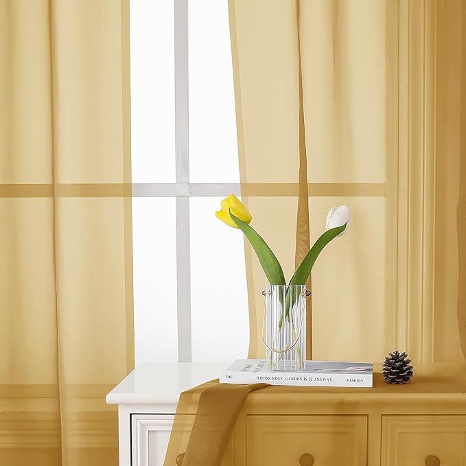 Lecloud Gold Sheer Curtains 84 Inches Long 2 Panels, Light Filtering Airy Voile Window Curtains for Bedroom Living Room, Dual Rod Pocket Elegant Sheer Window Treatments, 40" W x 84" L