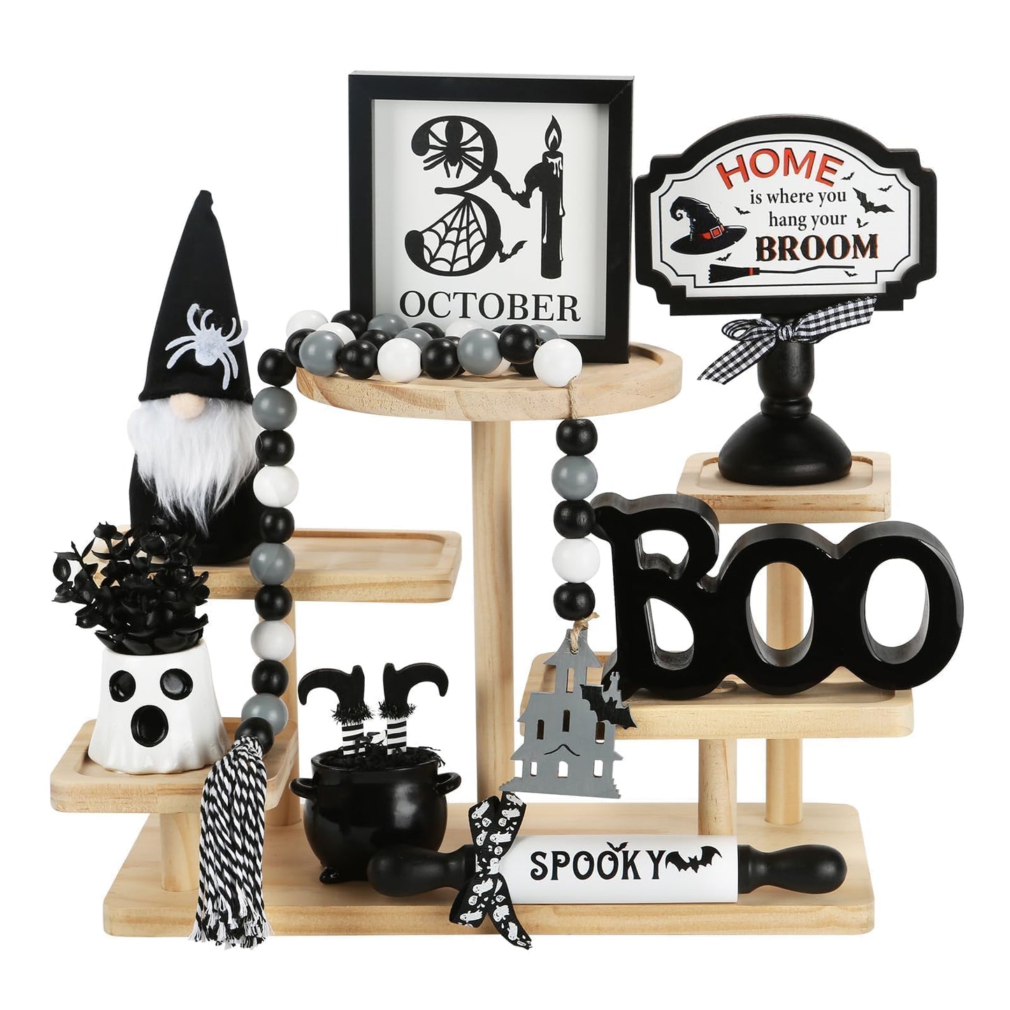 Halloween Decorations 8PCS Tiered Tray Decor, Cute Tabletop Halloween Decor for Home Tray Shelf Mantel Coffee Bar Office Table Centerpieces Farmhouse Rustic Spooky Wood Signs