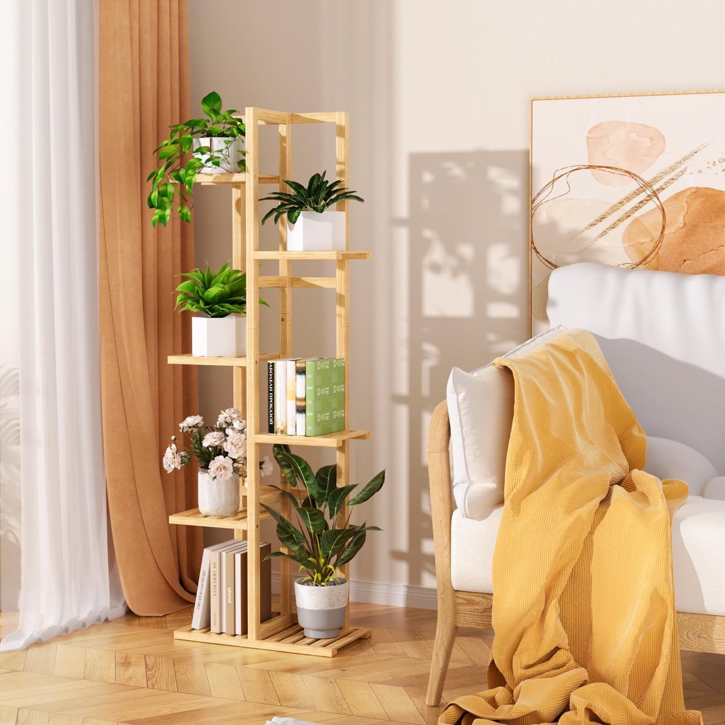 ROMGUAR CRAFT 6 Tier Bamboo Plant Stand Indoor, Wood Tall Flower Holder Corner Tiered Plant Shelf for Multiple Plants (Natural)