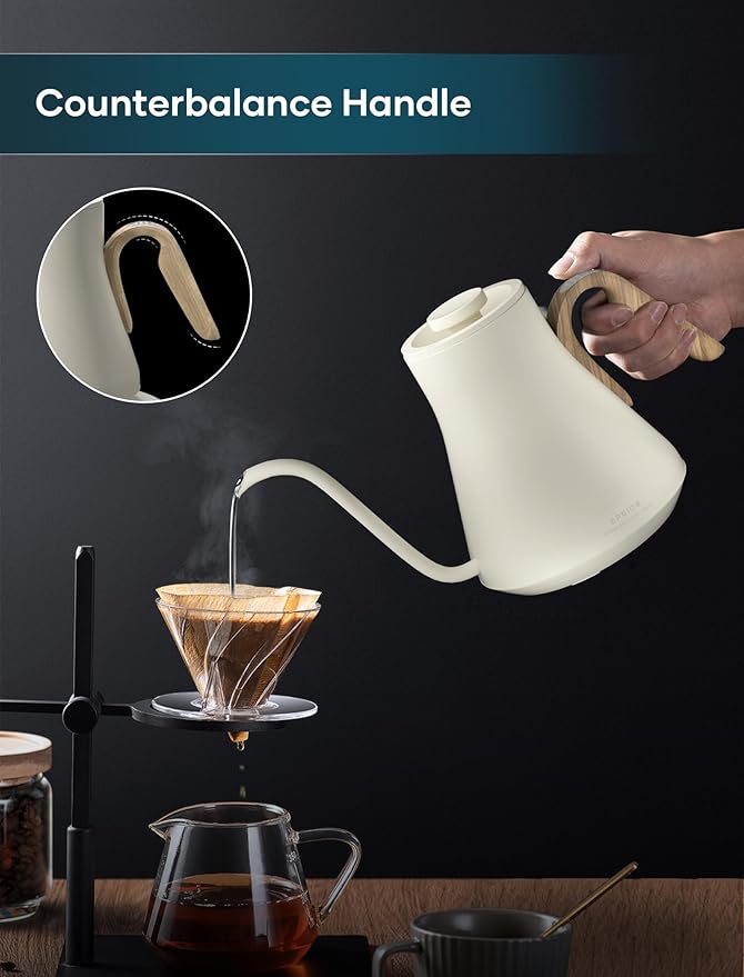 Electric Kettles, INTASTING Gooseneck Electric Kettle, ±1℉ Temperature Control, Stainless Steel Inner, Quick Heating, for Pour Over Coffee, Brew Tea, Boil Hot Water, 0.9L (Morandi White)