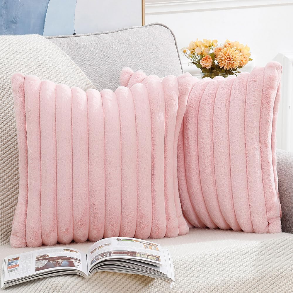 MADIZZ Set of 2 Faux Wool Plush Decorative Throw Pillow Covers 20x20 Inch Pink Fluffy Striped Soft Decorative Cushion Cover for Sofa Bedroom Pillow Shell