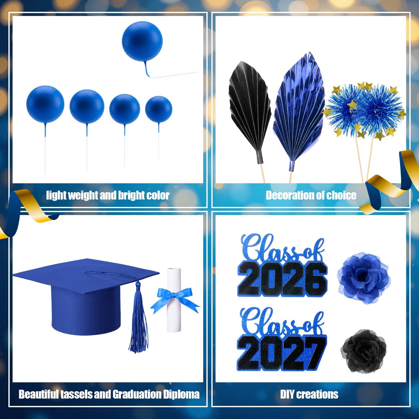 Sureio 48 Pcs Graduation Cake Toppers Class of 2026 Congrats Grad Cake Decor Graduation Cap Diploma Artificial Flower Card Ball Palm Leaves Firework Stick Kit for Theme Party Supplies (Blue, Black)