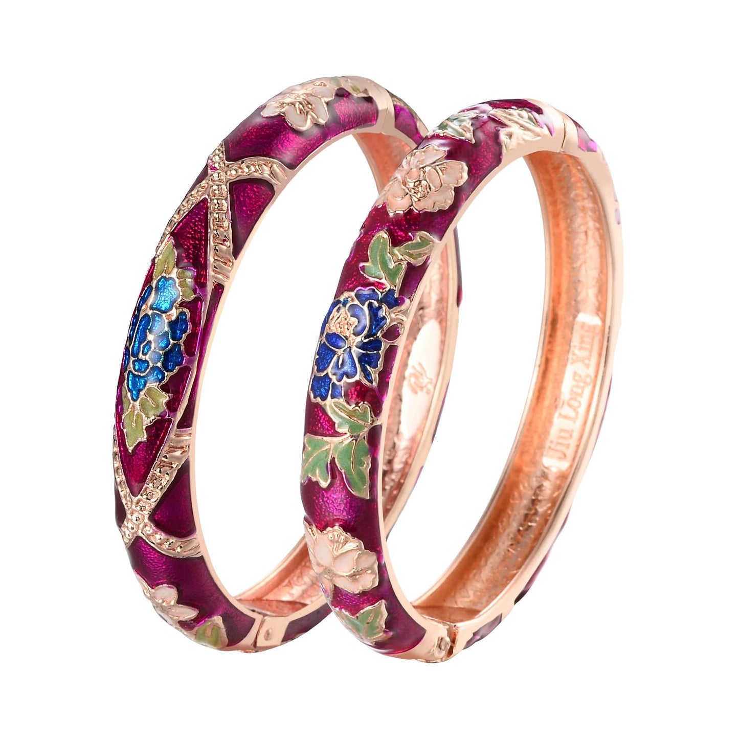 UJOY Gorgeous Bracelet Enameled Jewelry Spring Hinge Metal Cuff Cloisonne Rose Gold Bangles Set Gift Box Packed 55A113-55A128 Purple