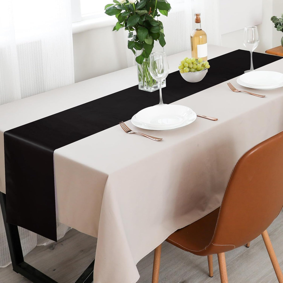 Aneco 12 Pack Satin Table Runner 12 x 108 Inch Black Long Wedding Satin Silk Table Runner for Wedding Banquet Graduations Birthday Party Decoration