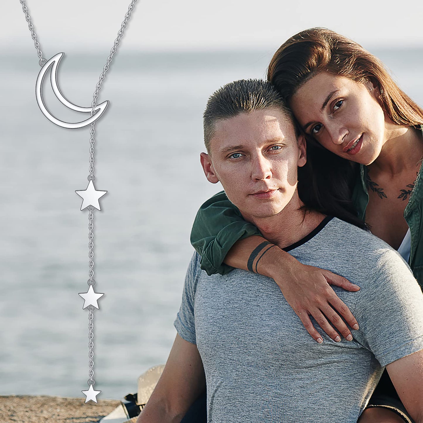 DAOCHONG Moon Star Y Shaped Lariat Necklace Sterling Silver Lariat Long Chain Drop Adjustable Necklace Layered Necklace 30"