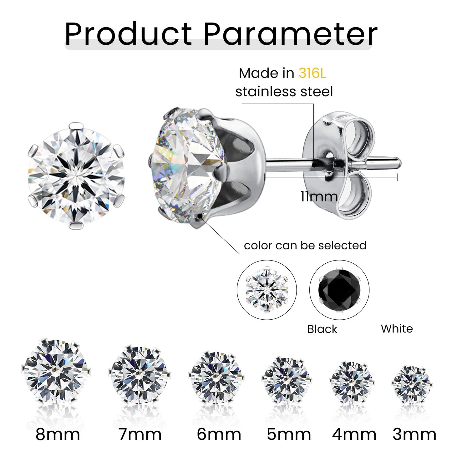 Wssxc 12 Pairs Silver Surgical Steel Earrings, Stud Design, Hypoallergenic, Cubic Zirconia, 3mm-8mm