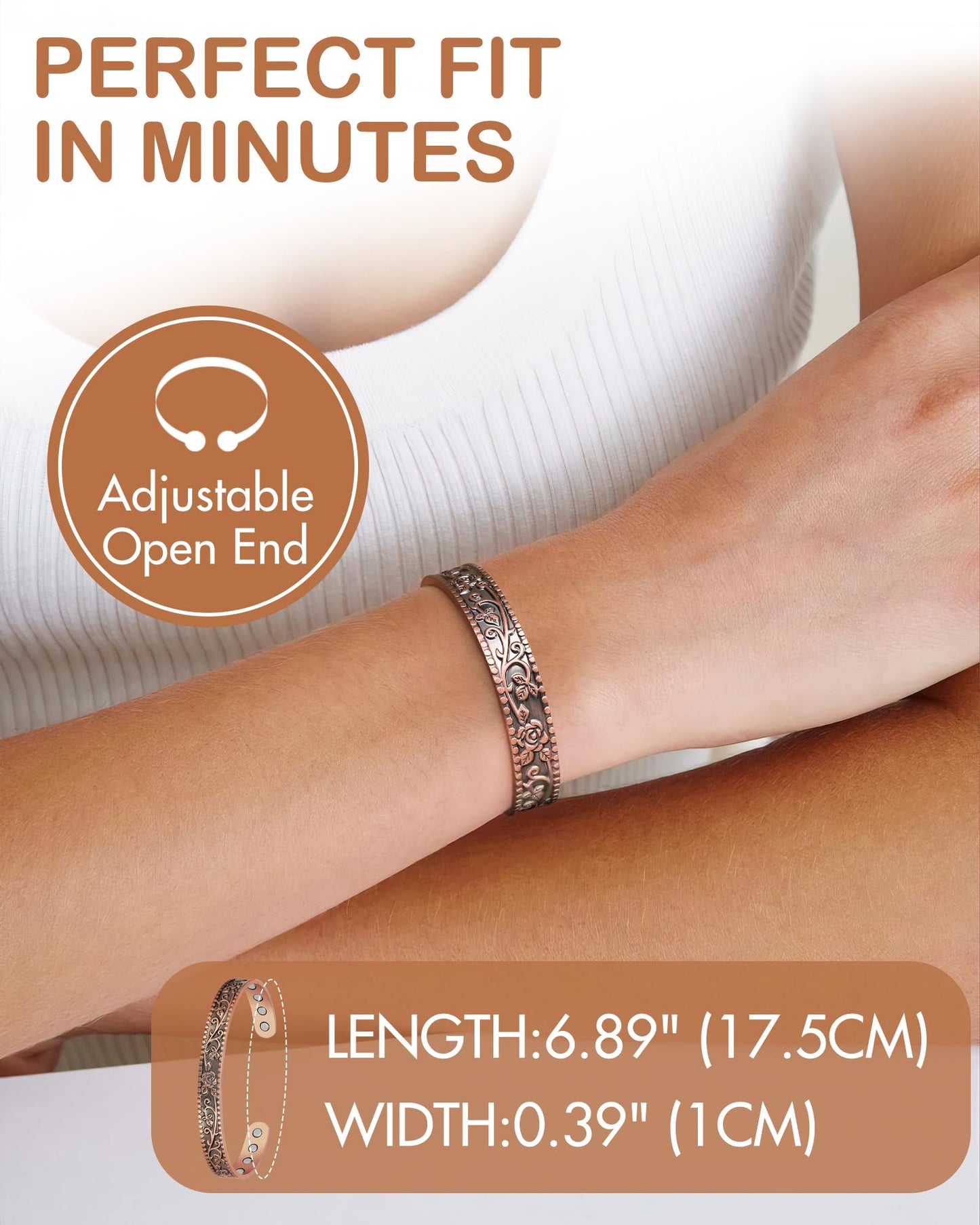 Feraco Pure Copper Bracelets for Women, 12X Enhanced Strength Magnetic Cuff Bangle for Women, 3800 Gauss Neodymium Magnets, Adjustable (Rosevine)