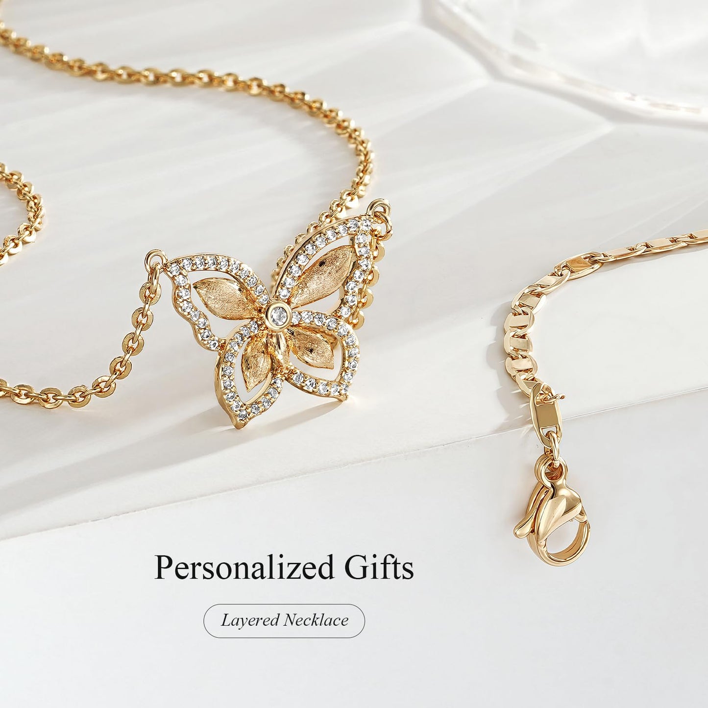 MEVECCO Gold Butterfly Layered Necklace for Women 18K Gold Plated Dainty CZ Charm Cable Choker Chain Double Layer Pendant Necklace Stack Minimalist Handmade Layering Jewelry Set Gift