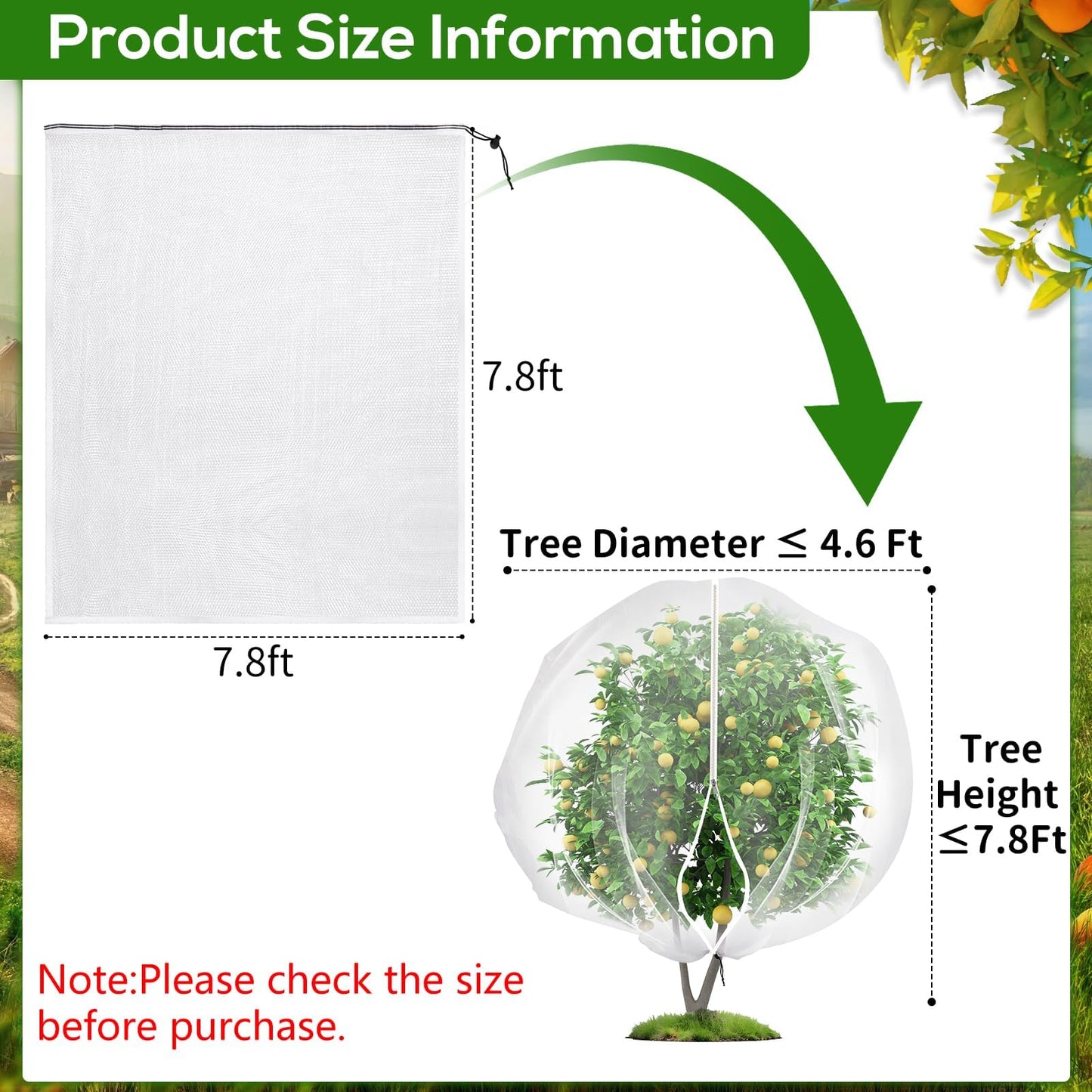 7.8 x 7.8 ft Large Fruit Tree Netting Cover with Zipper and Drawstring,Garden Insect Netting Plant Cover Transparent Bird Plant Barrier Flower Fruit Mesh Screen for Preventing Deer Squirrel Bugs