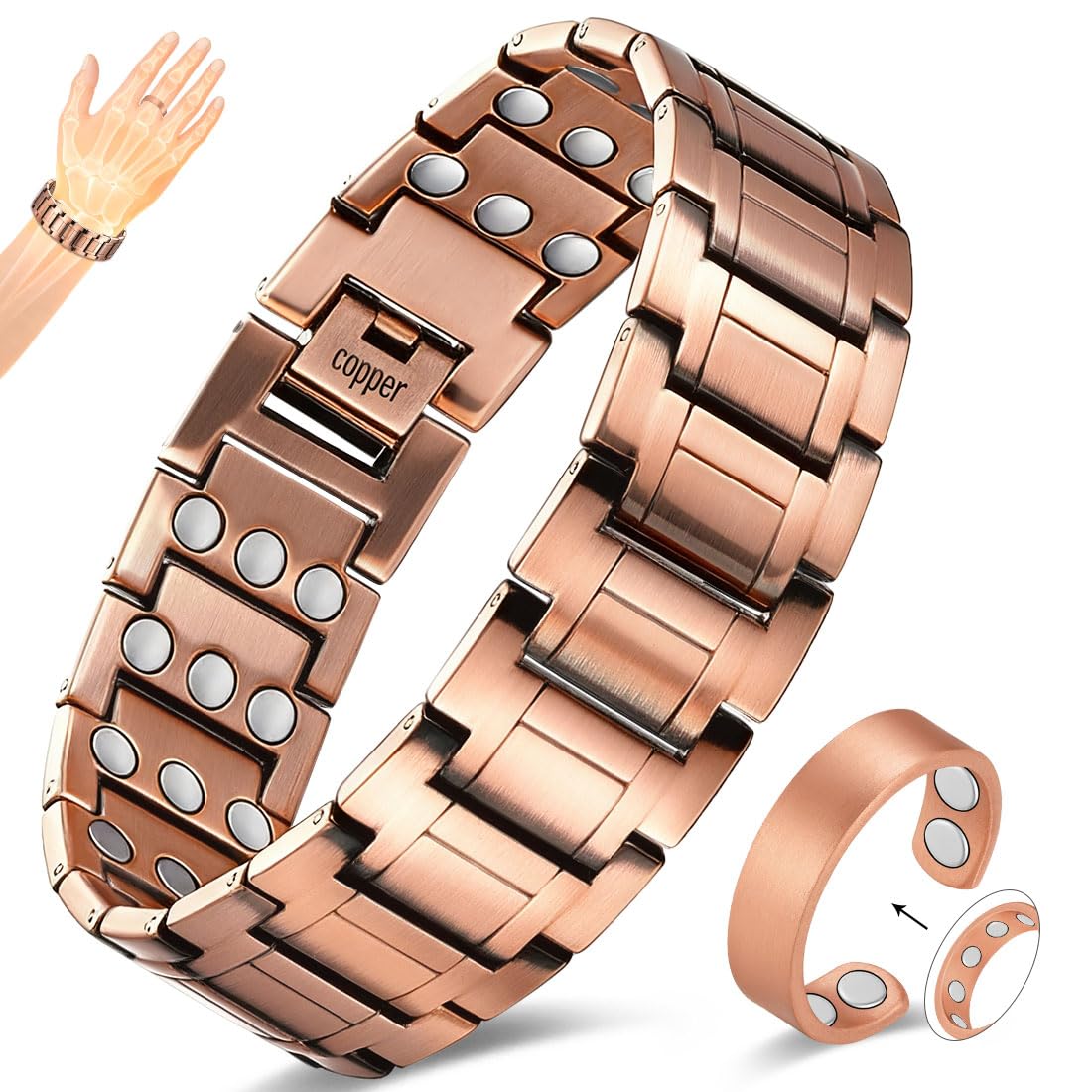 Vicmag Copper Magnetic Bracelet for Men, 3X Strength Magnets, Pure Copper Bracelet & 9X Magnet Ring Set, Adjustable Fit with Sizing Tool(Classic Copper)