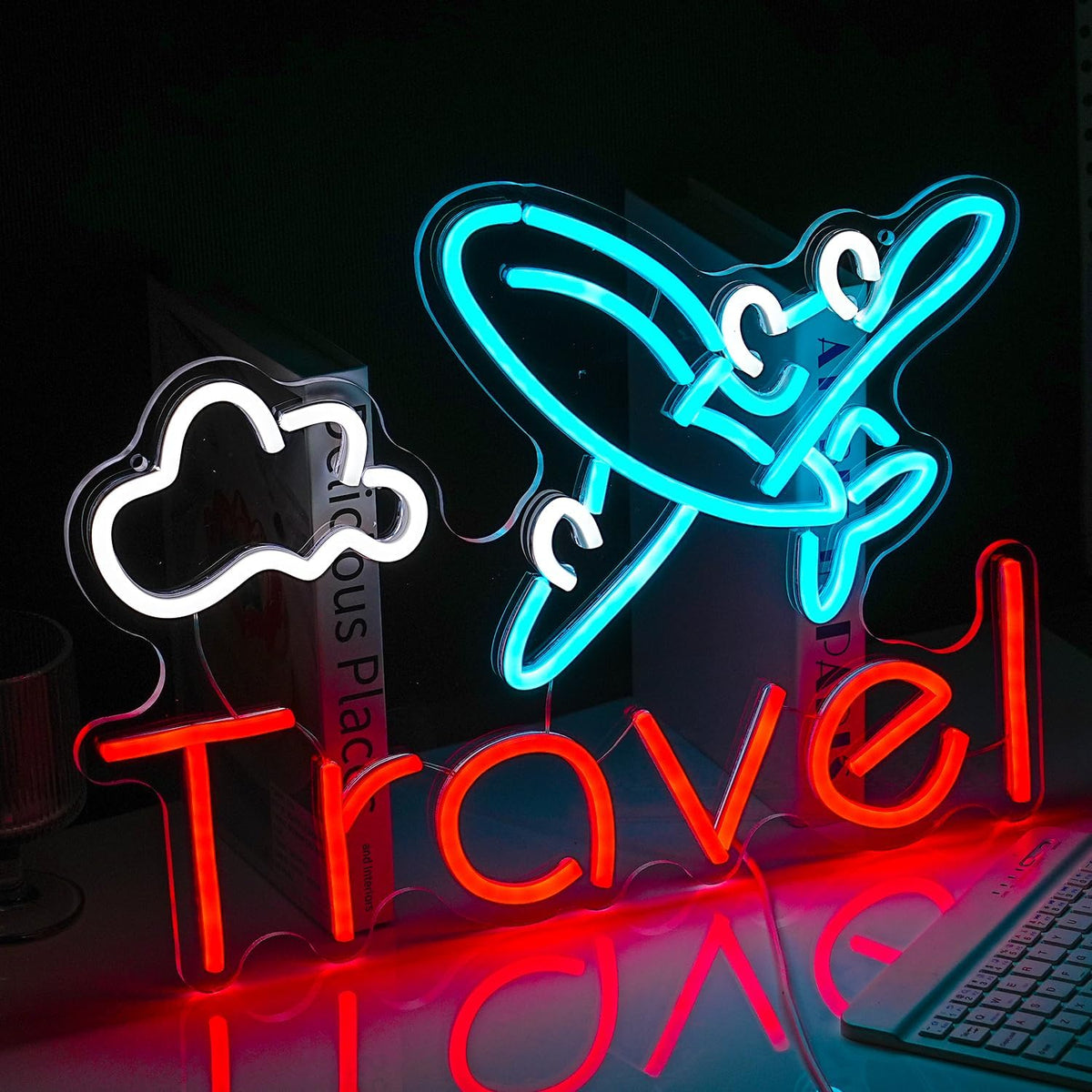 Travel Neon Sign USB Airplane LED Light Up Sign for Wall Decor Dimmable 12.2 * 16.5 In Go To Tranel Neon Light for Airport Travel Agency Bedroom(Ice Blue Red White)