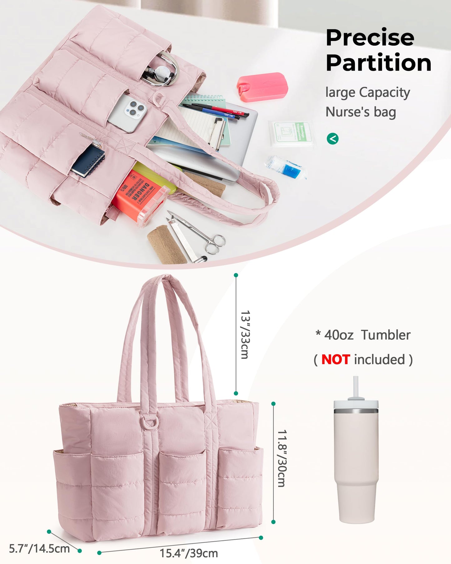 Fasrom 2PCS Nurse Tote Bag Bundle for Work, Structured Clinical Bag and Lightweight Puffer Nursing Tote, Multi-Pocket Nurse Bags for Nurses, Nursing Students, Home Health Care, Black+Pink