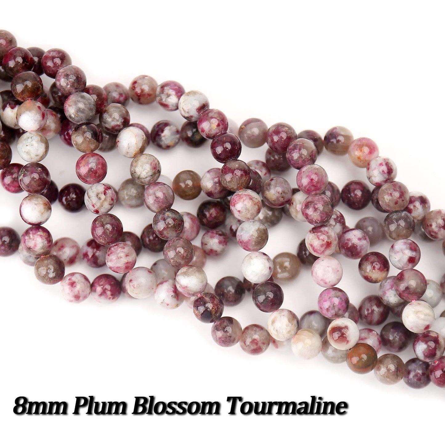 70PCS Natural 8MM Healing Gemstone, Plum Blossom Tourmaline Energy Stone Round Loose Beads, Semi-Precious Crystal Beads with Free Elastic String for Jewelry Making DIY