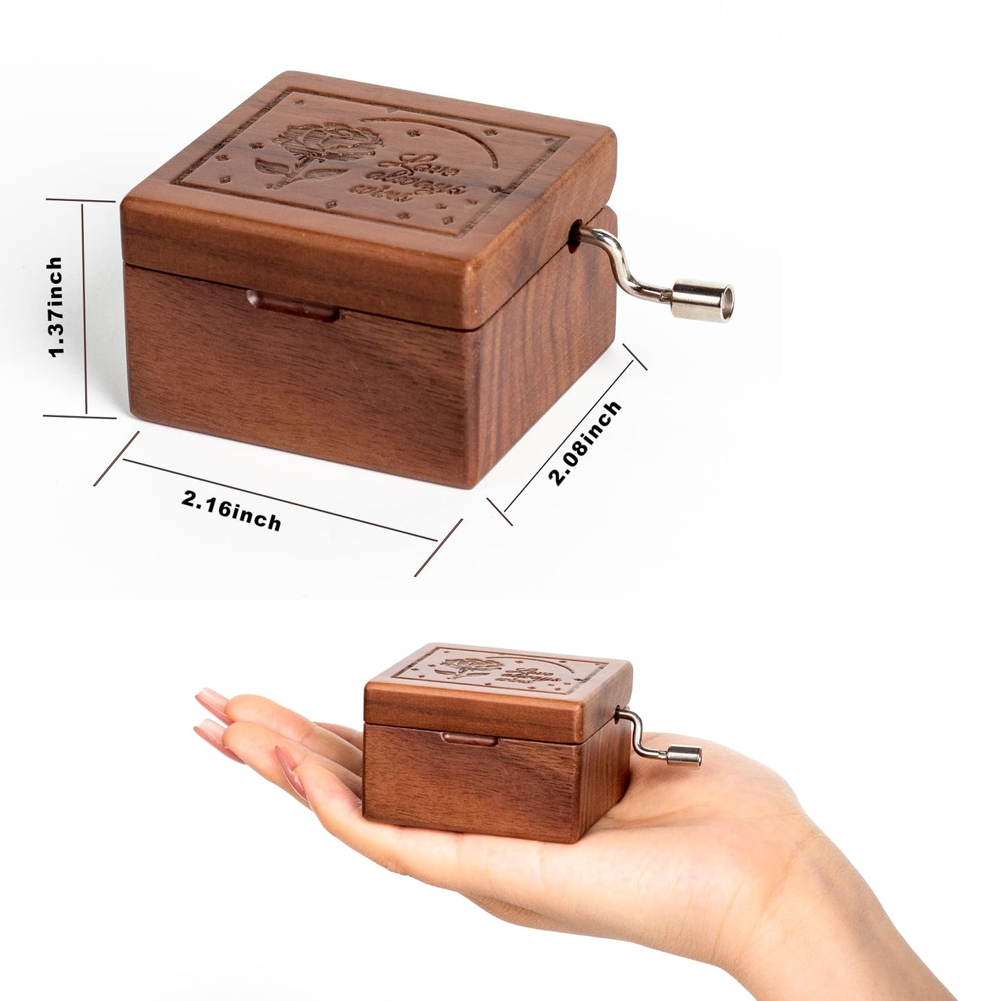 DANVON Hand Crank Solid Wood Music Box,Antique Engraved Musical Boxes Case Christmas Birthday Valentine's Day for Lover, Boyfriend, Girlfriend, Husband, Wife(Walnut Wood-Rose)