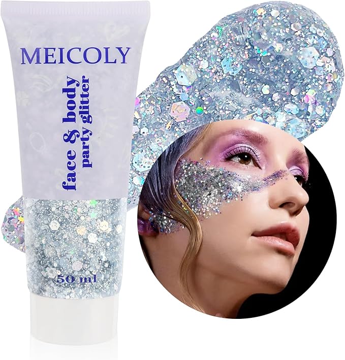 MEICOLY Silver Body Glitter,Chunky Silver Face Hair Mardi Gras Glitter,Halloween Silver Glitter Makeup,Sparkle Face Paint for Women and Kids,Music Festival Party Outfits for Women Accessories