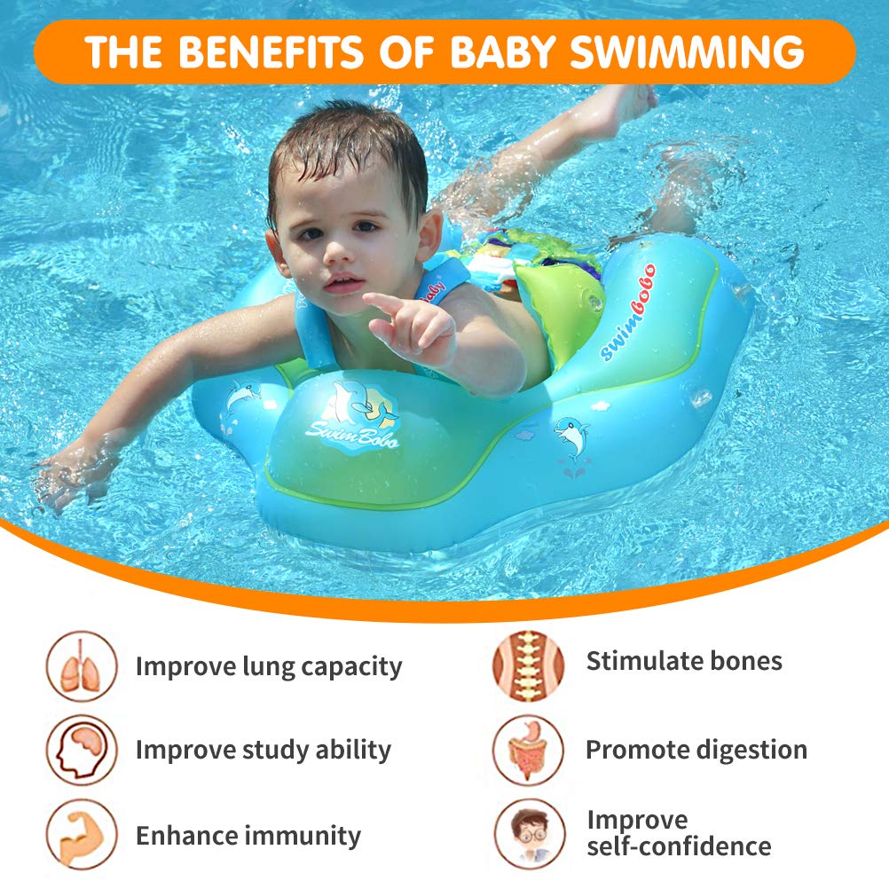 New Upgraded Swimbobo Baby Swimming Float Kids Inflatable Swim Ring with Safety Support Bottom Swimming Pool Accessories for 3-36 Months (Blue, L)