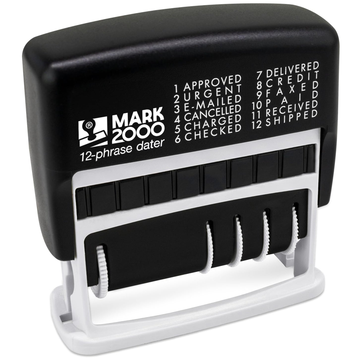 Mark 2000 12-Phrase Dater - Self-Inking Stamp - Blue Ink, Red Date