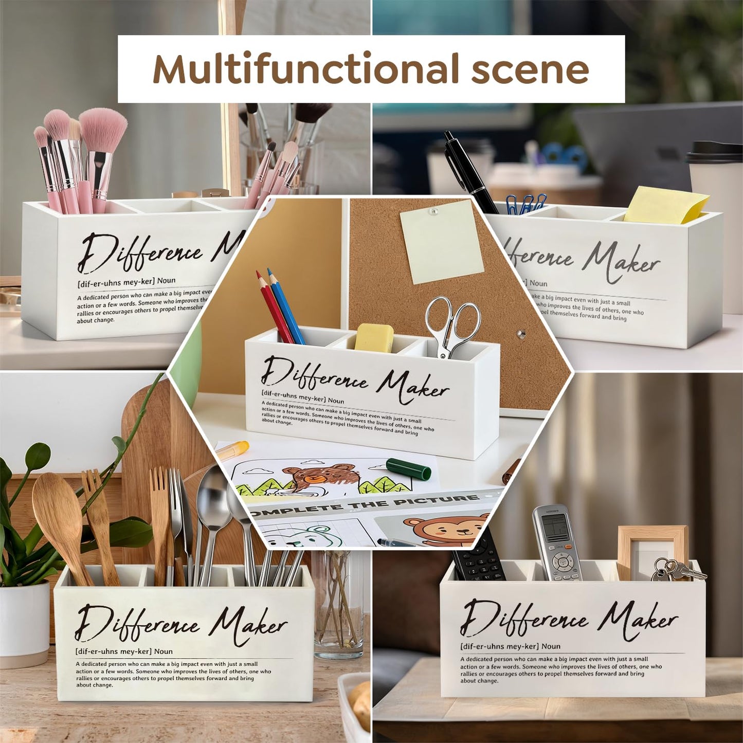ELMCH Difference Maker Gift Pen Pencil Holder, Appreciation Gifts for Coworkers Leaders Teachers Wood Desk Organizer and Accessories, Difference Maker Makeup Brush Holder Organizer for Bathroom Vanity