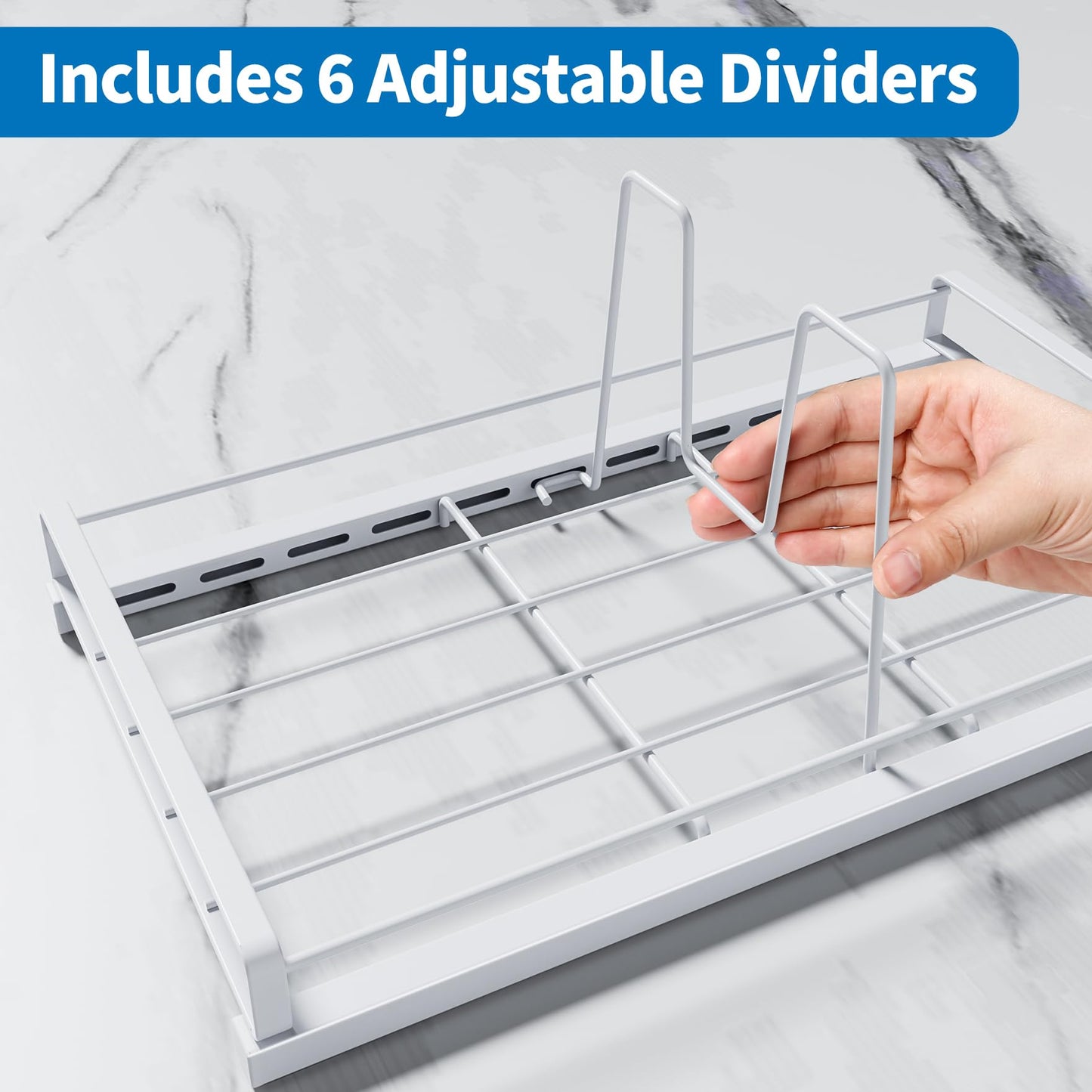 GAGUIUP Food Container Lid Organizer, Adjustable 6 Dividers Full-Metal Pot and Pan Organizer Rack for Kitchen Cabinets, Drawers, Cupboards, Pantry Shelves Storage, White