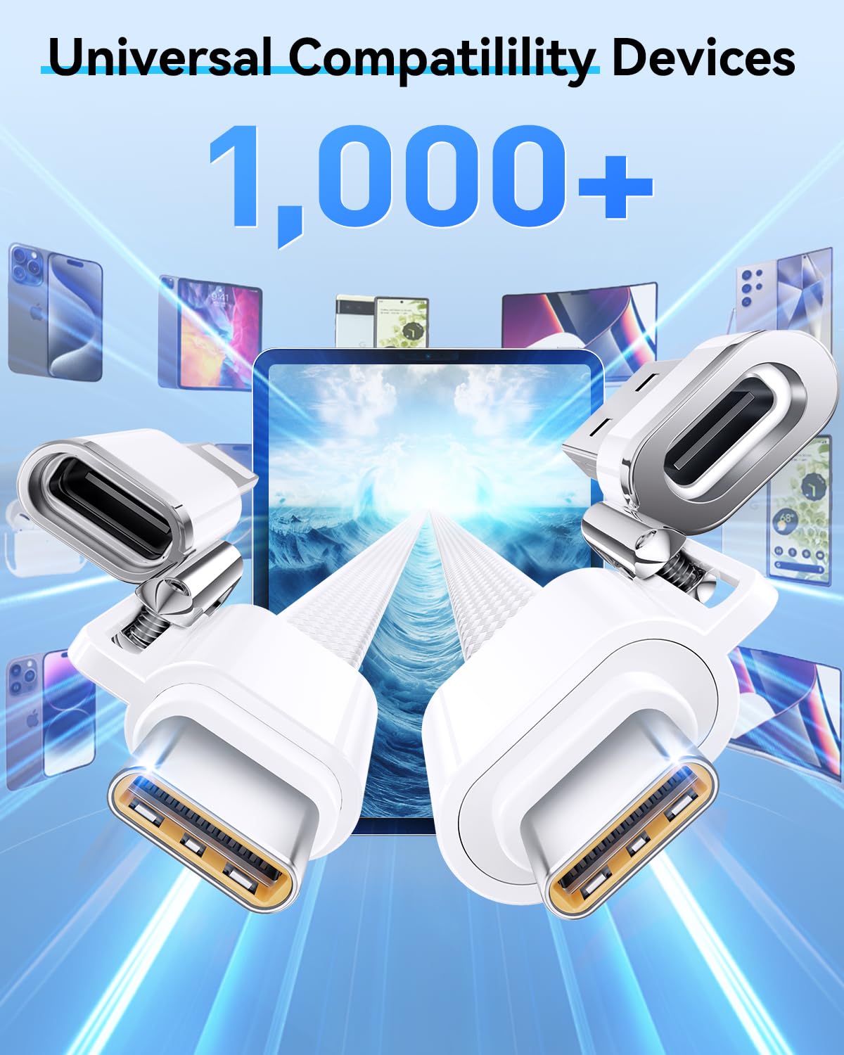 SHEZI 4-in-1 USB C Cable Compatible with Lightning Cable 240W Fast Charging & Data Transfer, Support to CarPlay & Android Auto, 5FT Multi Cords Charger for iPhone/iPad/Samsung/MacBook, White