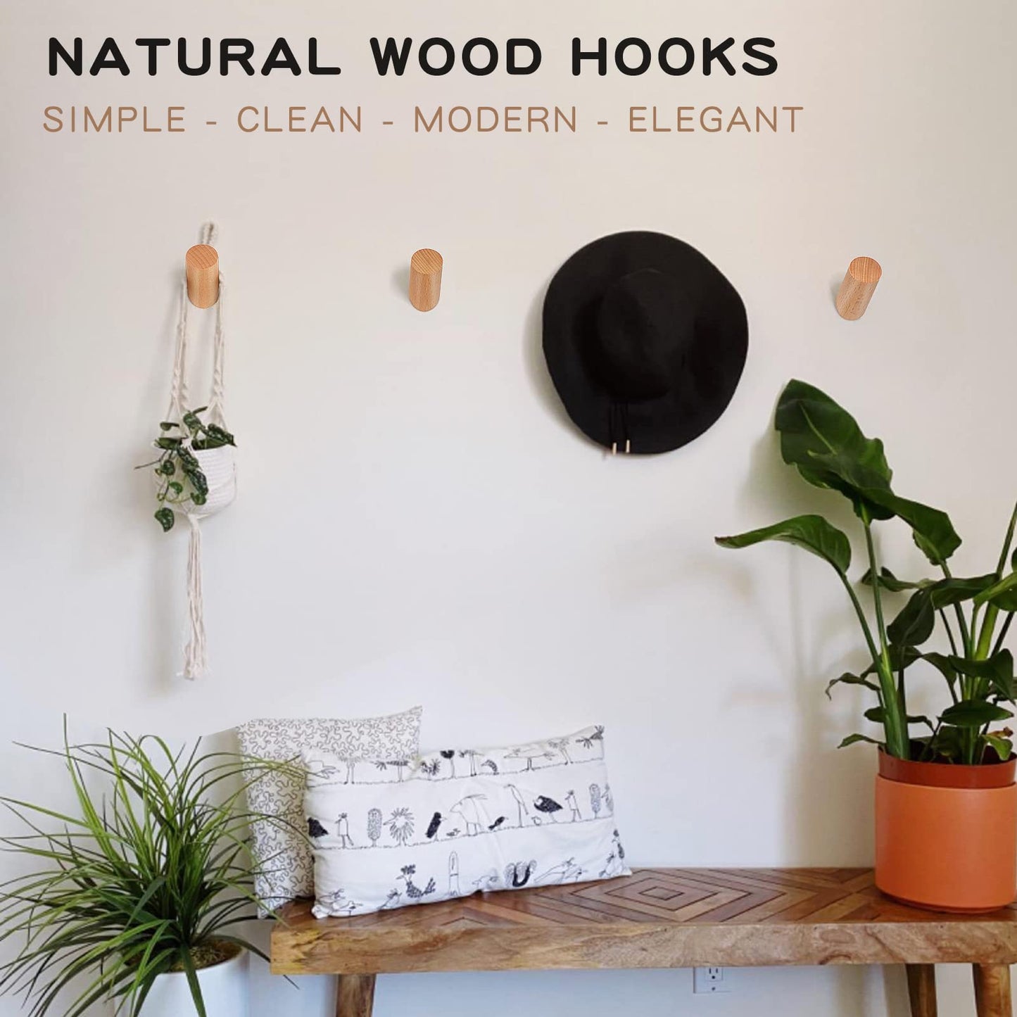 Felidio Wood Wall Hooks, 6 Pack Natural Wooden Coat Hooks Wall-Mounted, Rustic Heavy Duty Hook for Hanging Towels Coats Plants, Entryway Hat Hanger Wall Coat Rack (Beech Wood)