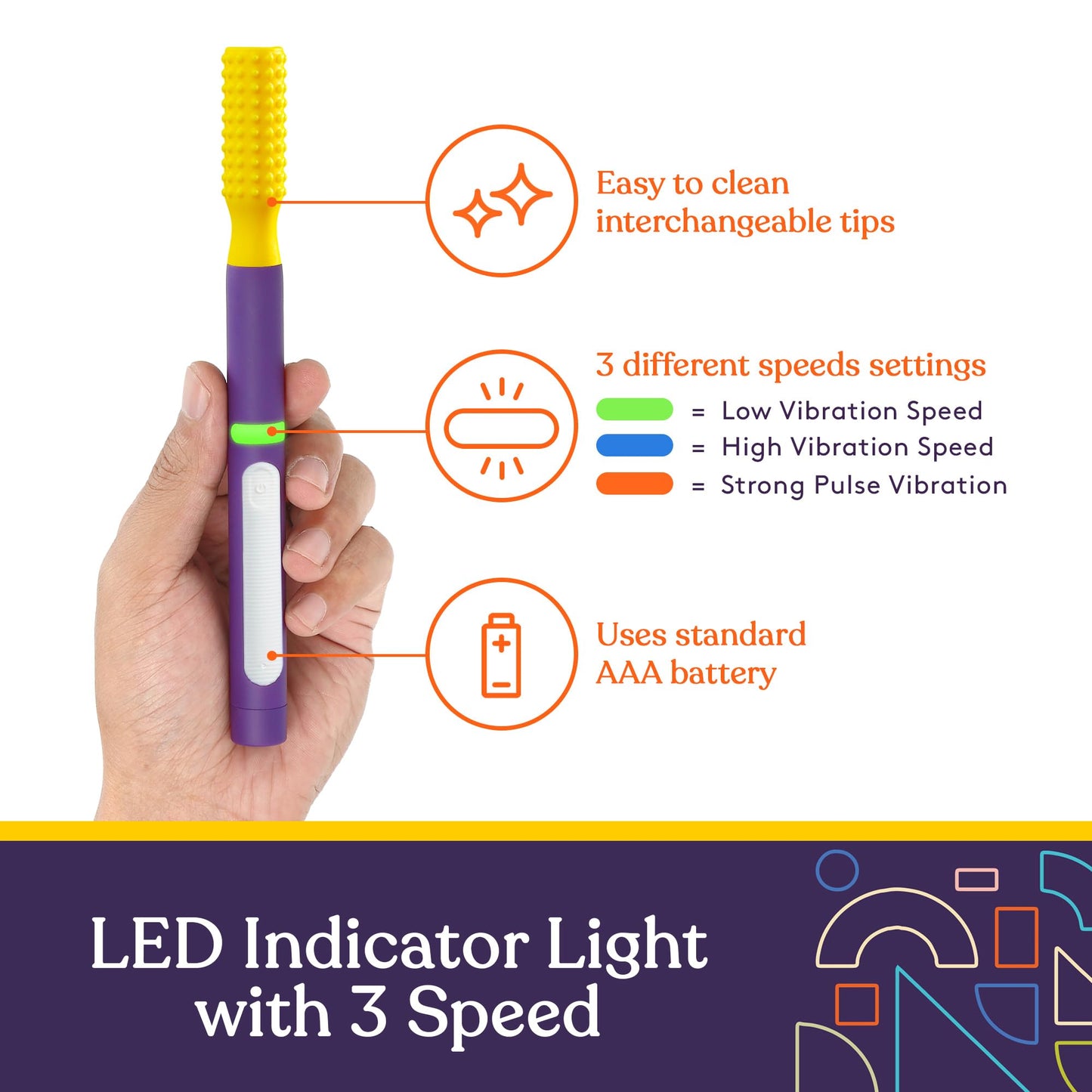 Special Supplies Buzz Buddy Oral Motor Stimulation Kit with 6 Soft Textured Interchangeable Heads, Calm Sensory Needs, Support Speech, and Stimulate Self Feeding, Gentle Vibrations (Purple)