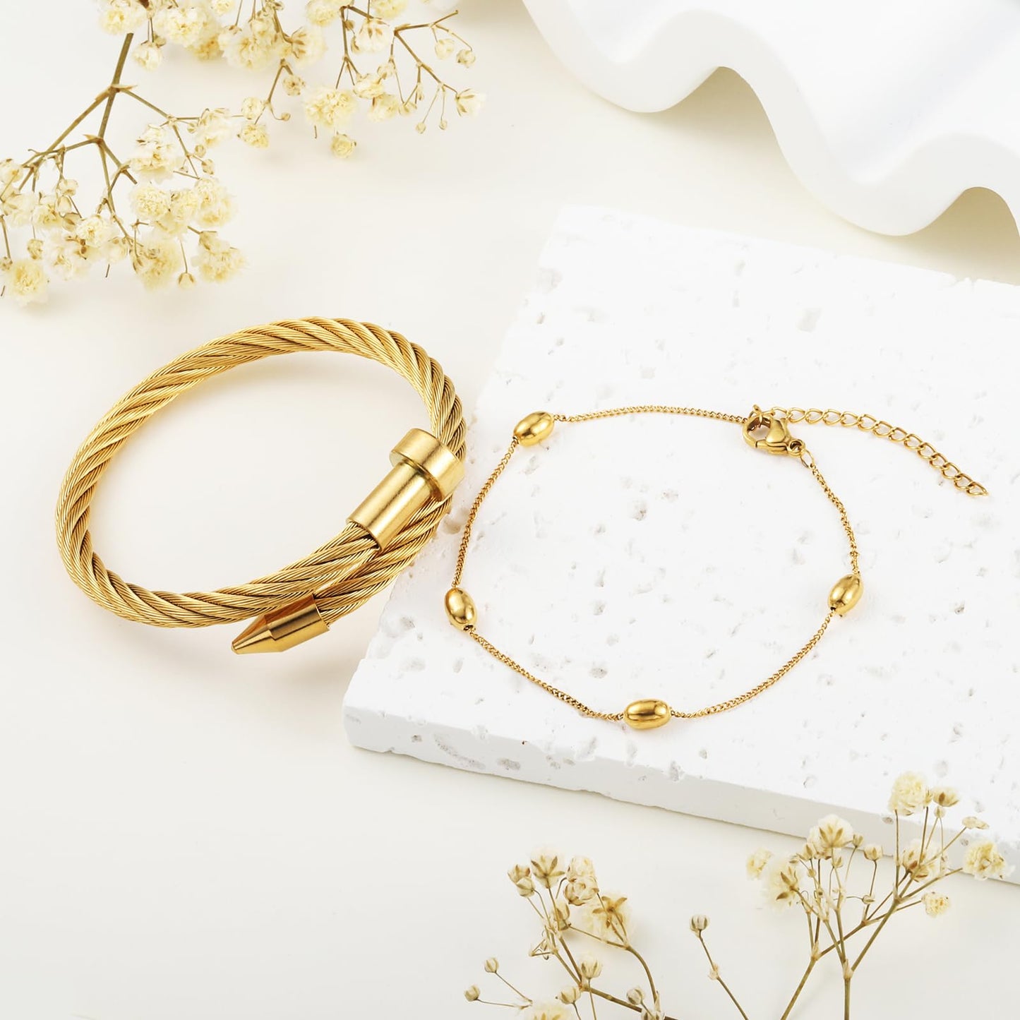 LCTrusttmor Gahna 18K Gold Plated Beads Bracelets for Women, Stackable 18K Gold Plated with Adjustable Link Chain Set Dainty Trendy Jewelry Gifts