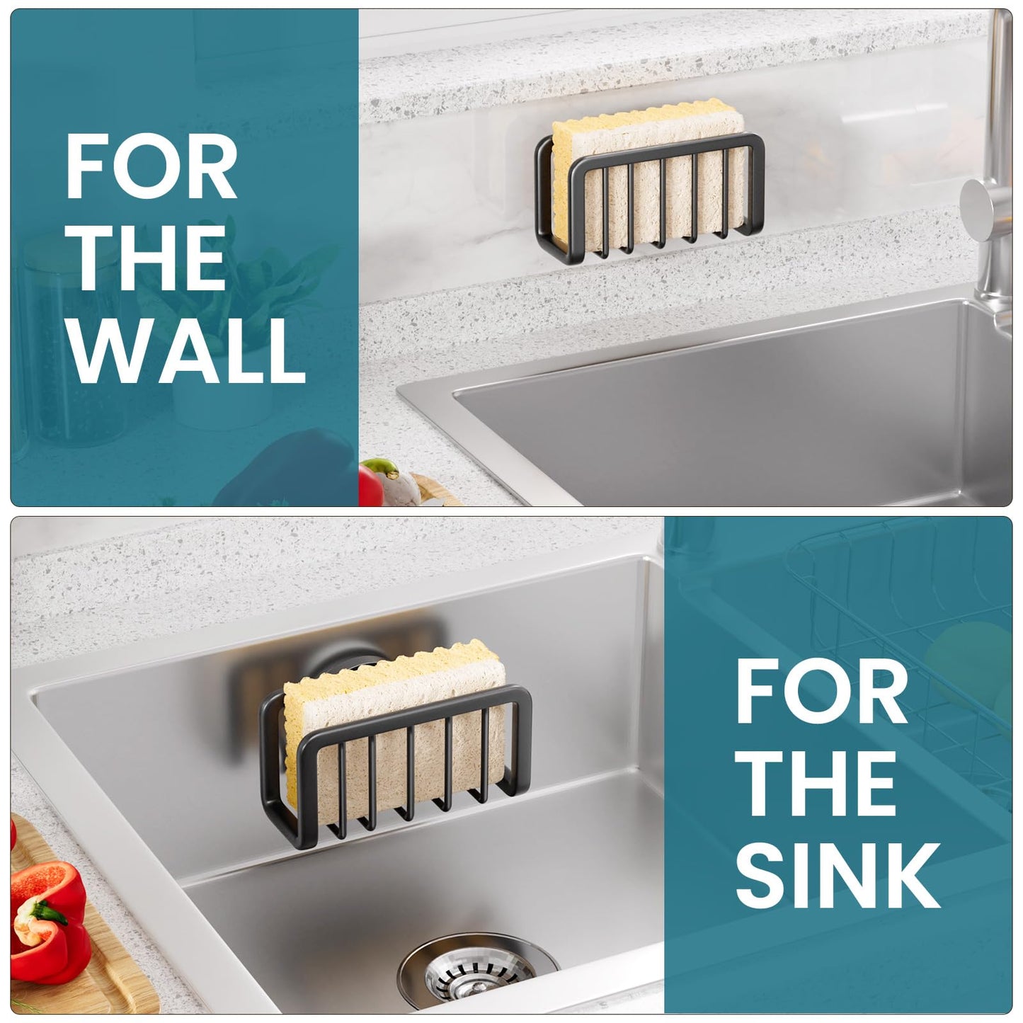 TAILI Sponge Holder for Kitchen Sink with Strong Suction Cup, Removable Sponge Holder, Rustproof Aluminum Sink Caddy for Sponges, Dish Brush - Black
