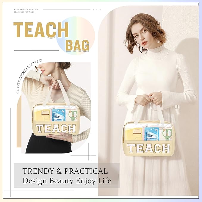 izuzta Teacher Appreciation Gifts TEACH Chenille Letter Clear Makeup Bag Pouch, Monogram Teacher Supplies Zipper with Handle Travel Cosmetic Bag Graduation Retirement Gifts for Women(TEACH-Beige)