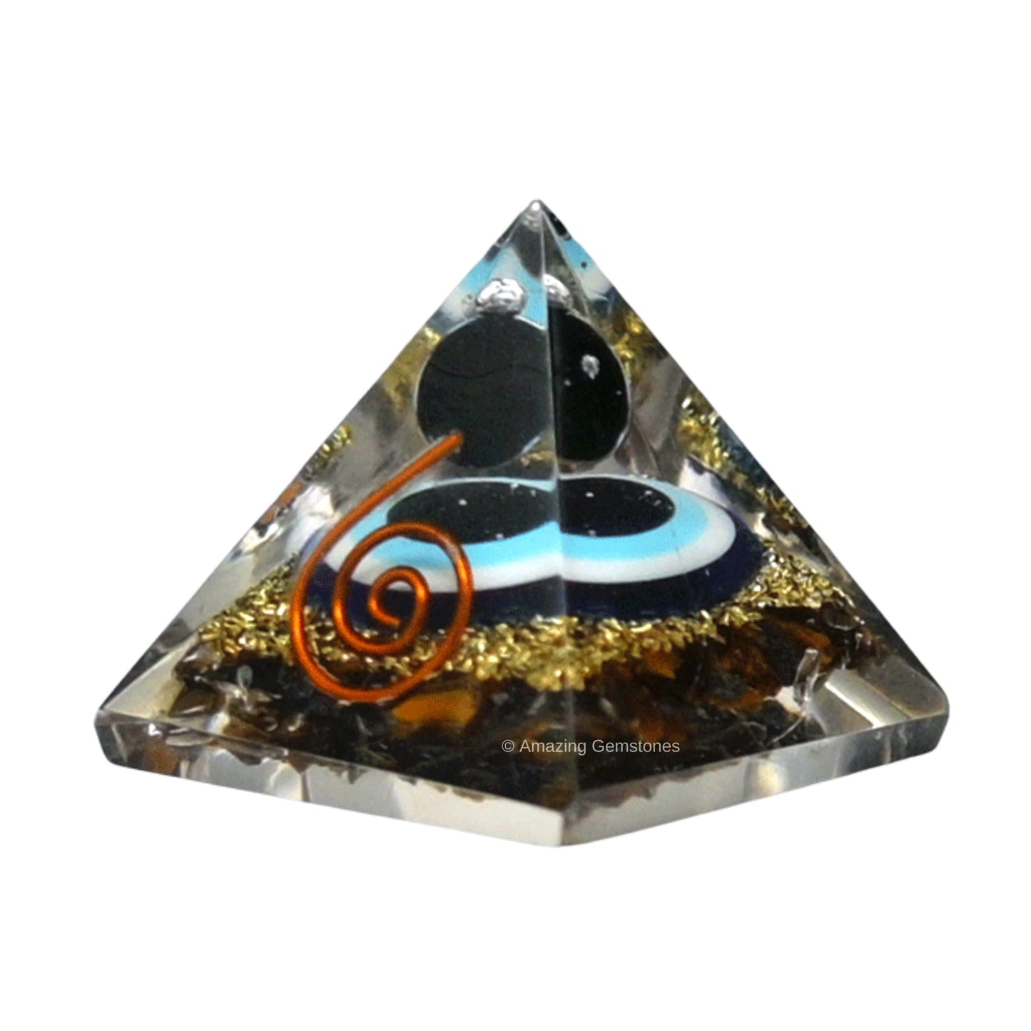 Amazing Gemstone Ultimate Protection Orgone Pyramid with Evil Eye Black Obsidian Sphere - Triple Protection Crystals Tiger Eye Hematite & Black Obsidian (30mm, Small)