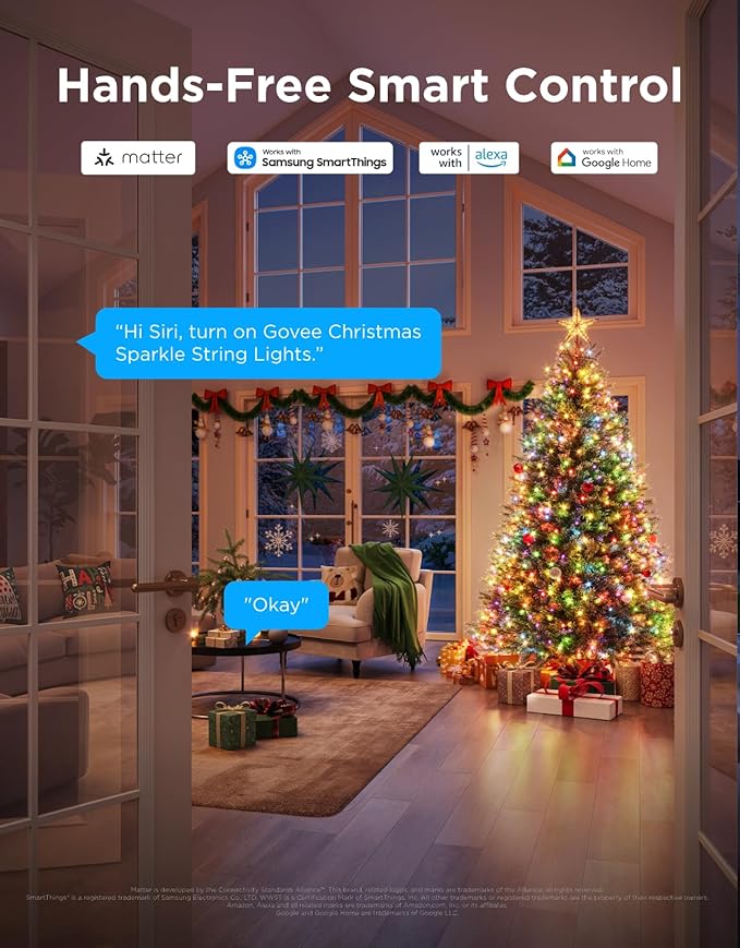 Govee Christmas Sparkle String Lights 66ft, RGBWIC String Lights with 250 Bullet-Head LEDs, App-Controlled, 140+ Scene Modes, 3D Shape Mapping, Works with SmartThings, Indoor Holiday Decorations