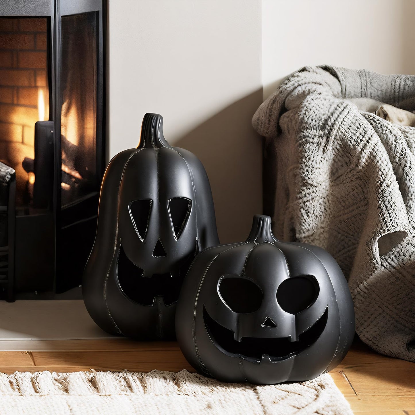 Tioncy 2 Pack Terracotta Pumpkin Decoration Handmade Brown Clay Pumpkin Jack-o-Lantern Halloween Tealight Holder Rustic Farmhouse Fall Home Decor for Table Porch Mantel Indoor Centerpieces (Black)
