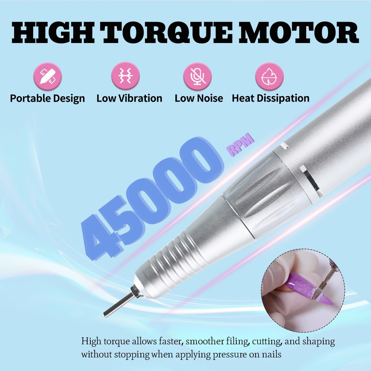 Professional Nail Drill File 45000RPM Electric Portable Nails Drills Kit with Rechargeable 7 uñas Bits Cordless Efile for Poly Gel Acrylic Nails Remover Home Salon Pedicure Manicure Tool (White)