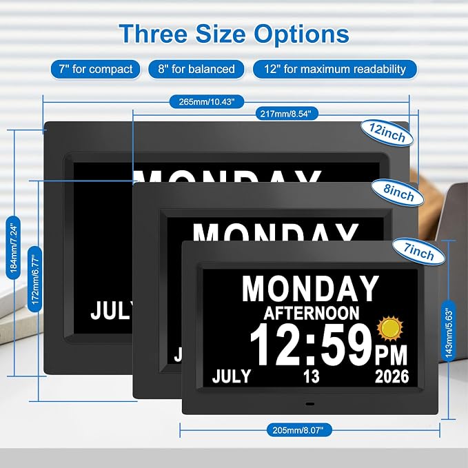 SSINI Dementia Clock Large Digital Calendar for Seniors with Date and Time - Elderly Digital Clock Large Display, 12 Custom Alarms (8 Inch)