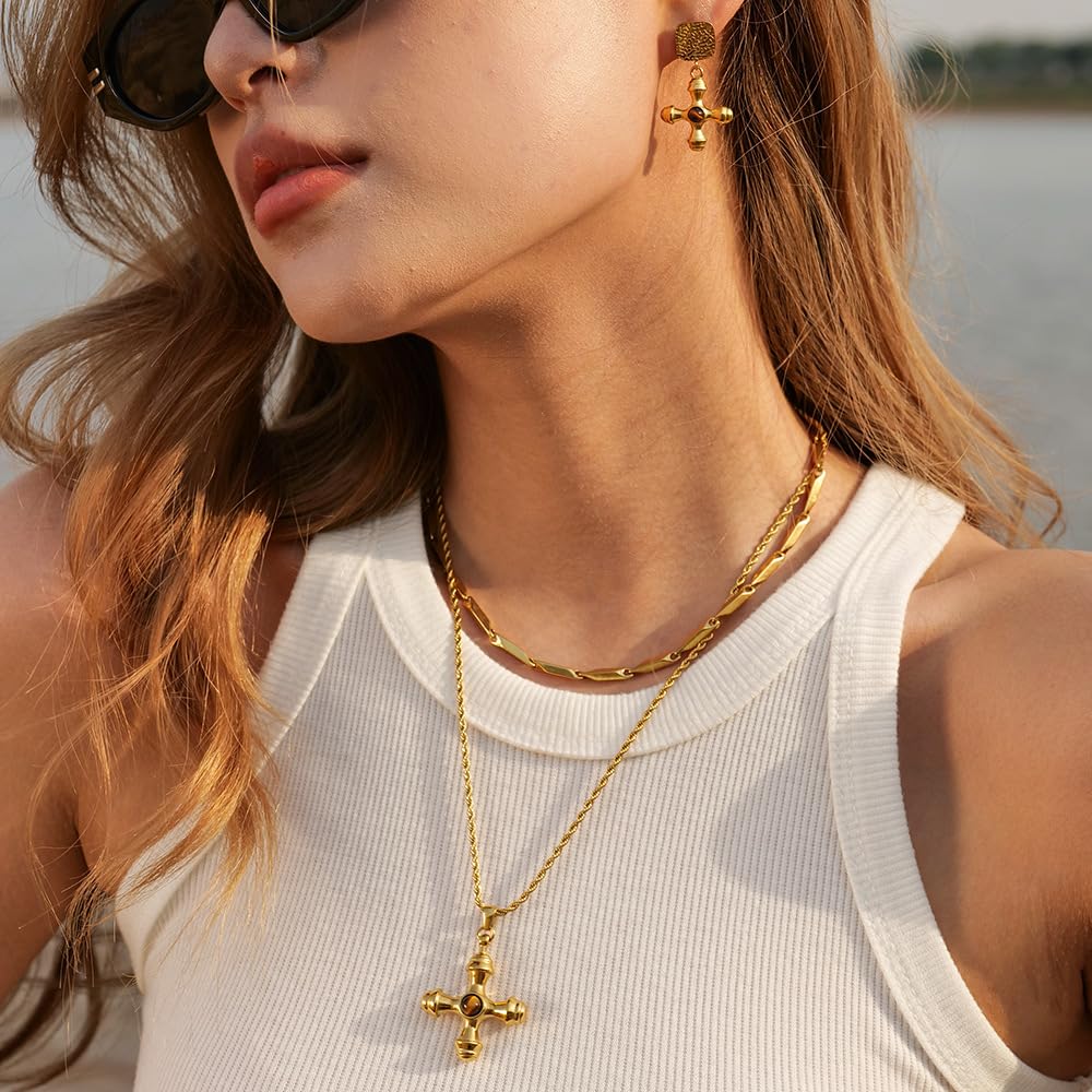 NUZON Cross Necklace for Women 18K Gold Plated Stainless Steel Healing Tiger Eye Gemstone Cross Pendant Necklace Chunky Layering Jewelry Twisted Chain 19.7’’