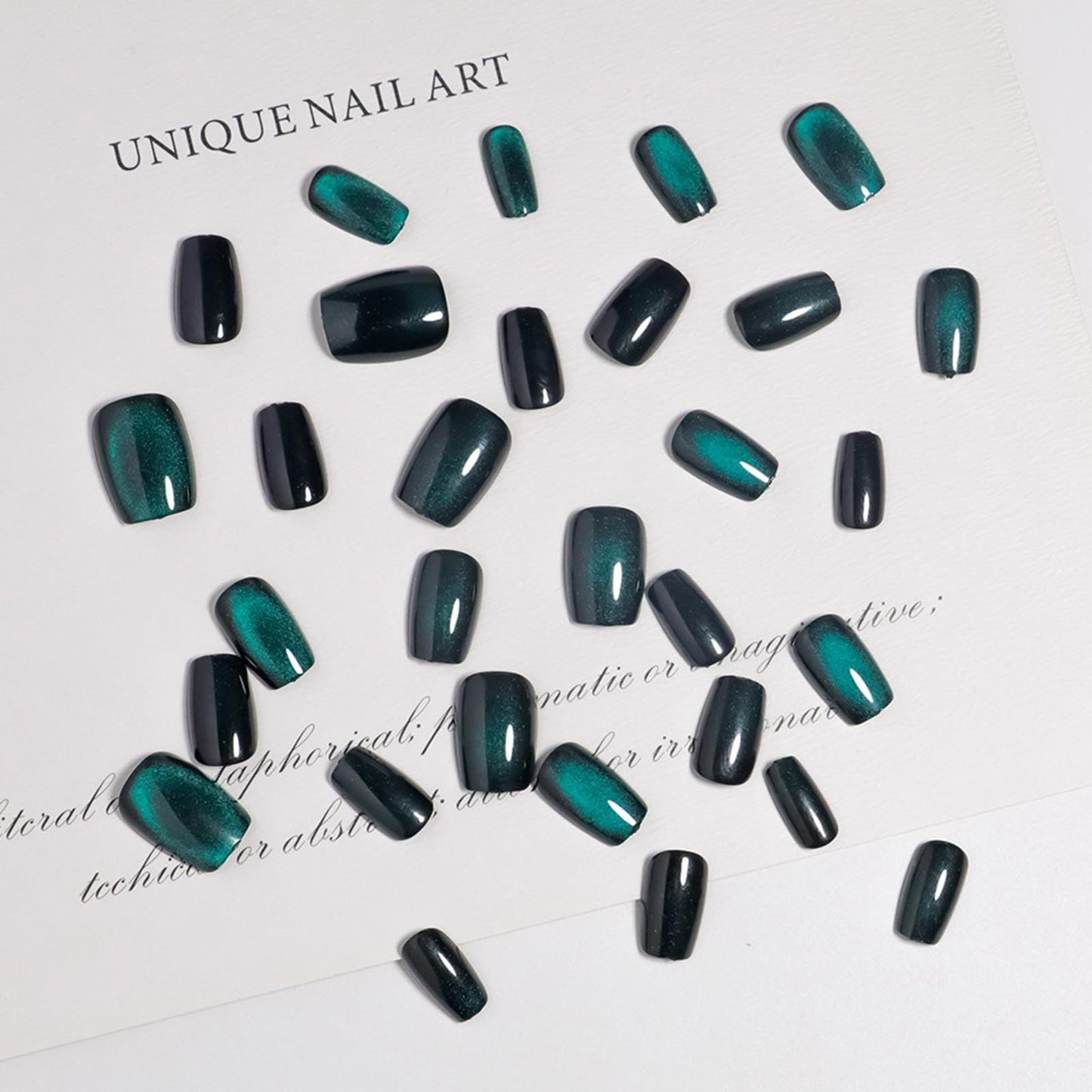 Cat Eye Press on Nails Short Square Fake Nails with Glitter Designs Green Nails Press ons Black Glue on Nails Glossy False Nails Full Cover Stick on Nails for Women 24Pcs