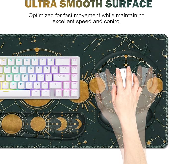 Large Desk Mat, Gaming Mouse Pad, Desk Pad Protector, XXL Mousepad + Keyboard Wrist Rest+Mouse Wrist Rest+Coaster Ergonomic Desk Pad for Home Office Decor, Dark Green Gold Moon Phases Constellation