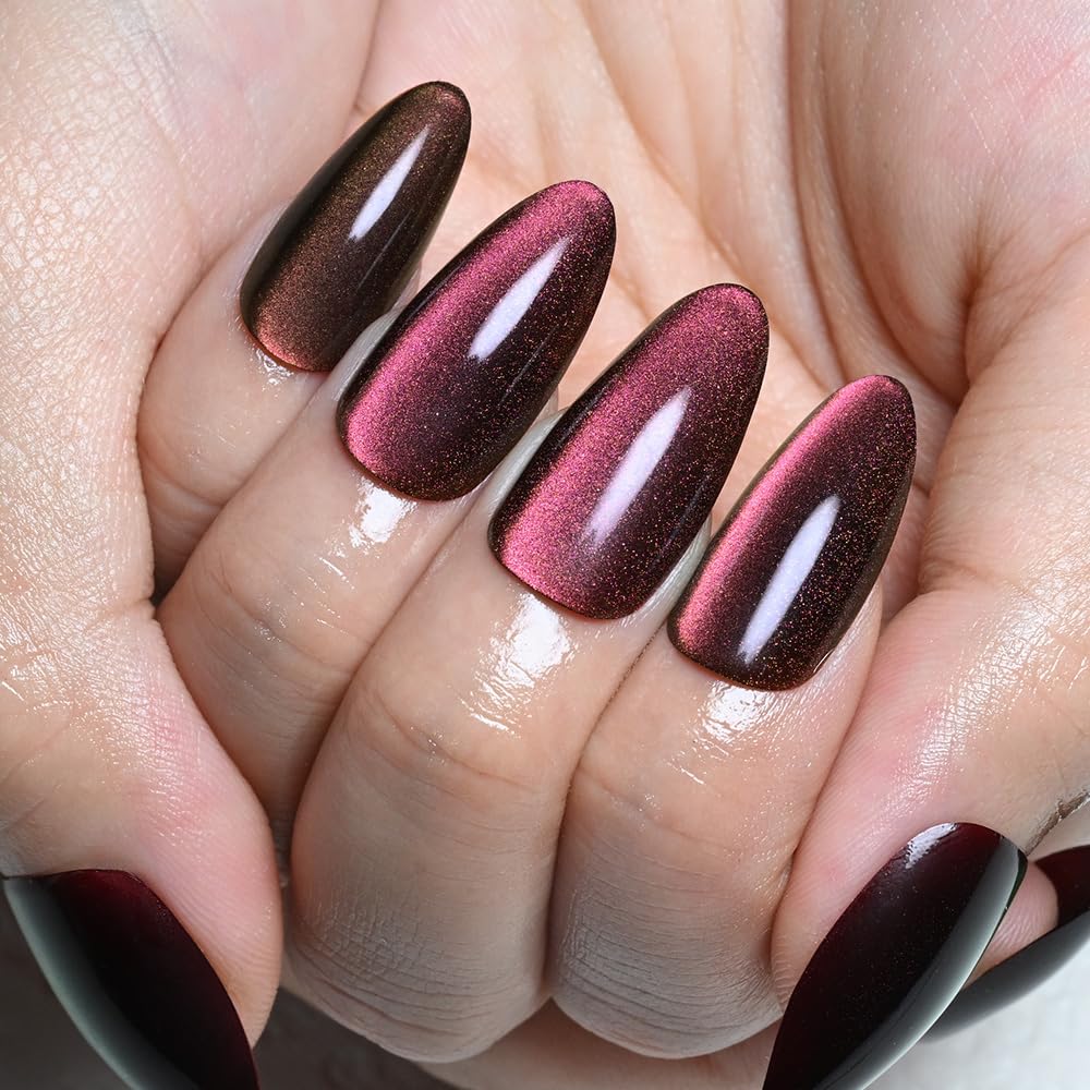 evpct Mauve Red Cat Eye Chrome Press on Nails Almond Medium with Design, Red Holographic Medium Almond Stick on Fake Nails for Women, Glossy Cat Eye Effect, Perfectly Fit Salon-quality Soft False Nail