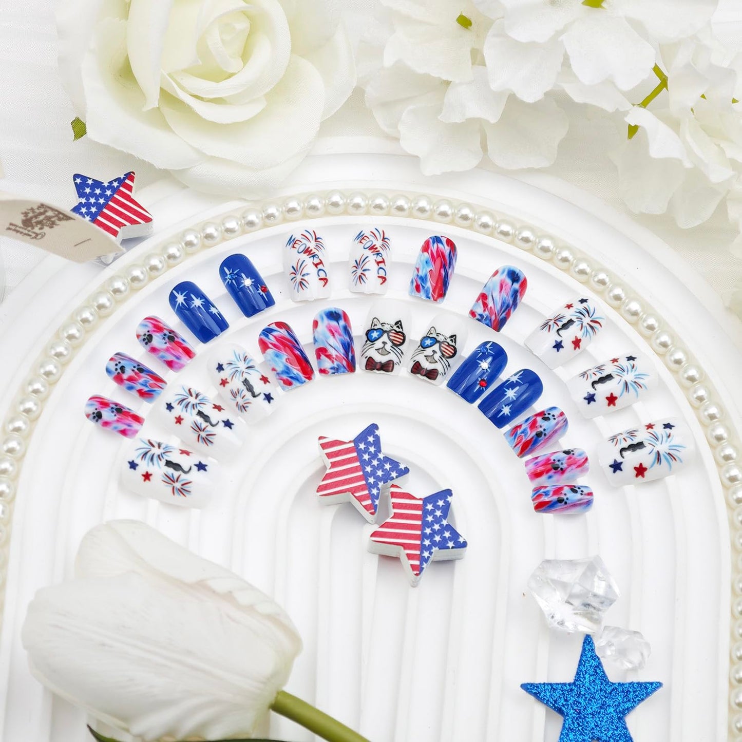 24Pcs 4th of July Press on Nails Short Square Fireworks Fake Nails American Flag with Red White Blue Marble Designs Patriotic Cat Glue on Nails Independence Day False Nails for Women Acrylic Manicure