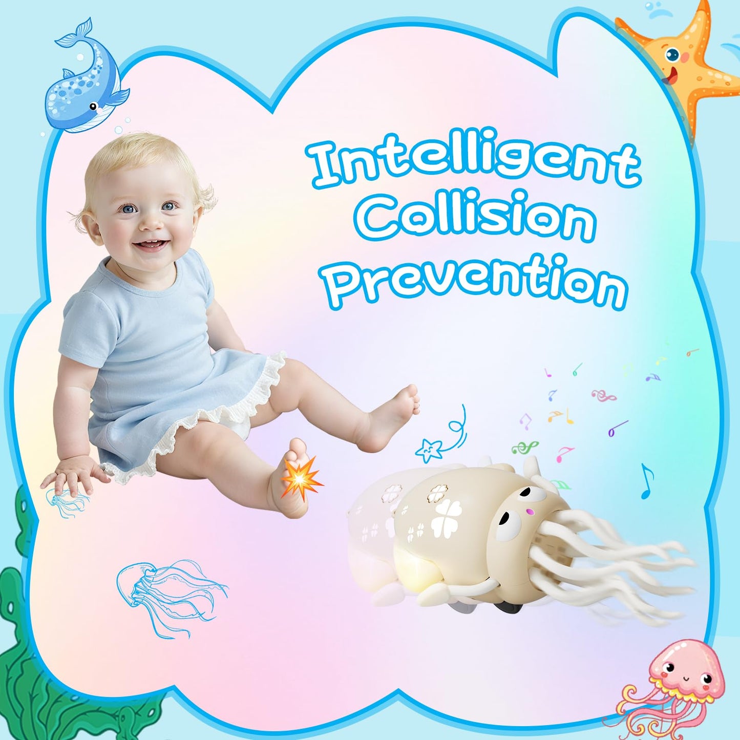 WAYPIN SION Crawling Dancing Octopus Toy for Kids – Rechargeable Interactive Sensory Toy with LED Lights & Music, Fun Tummy Time Gift for Birthdays & Holidays (Off-White)