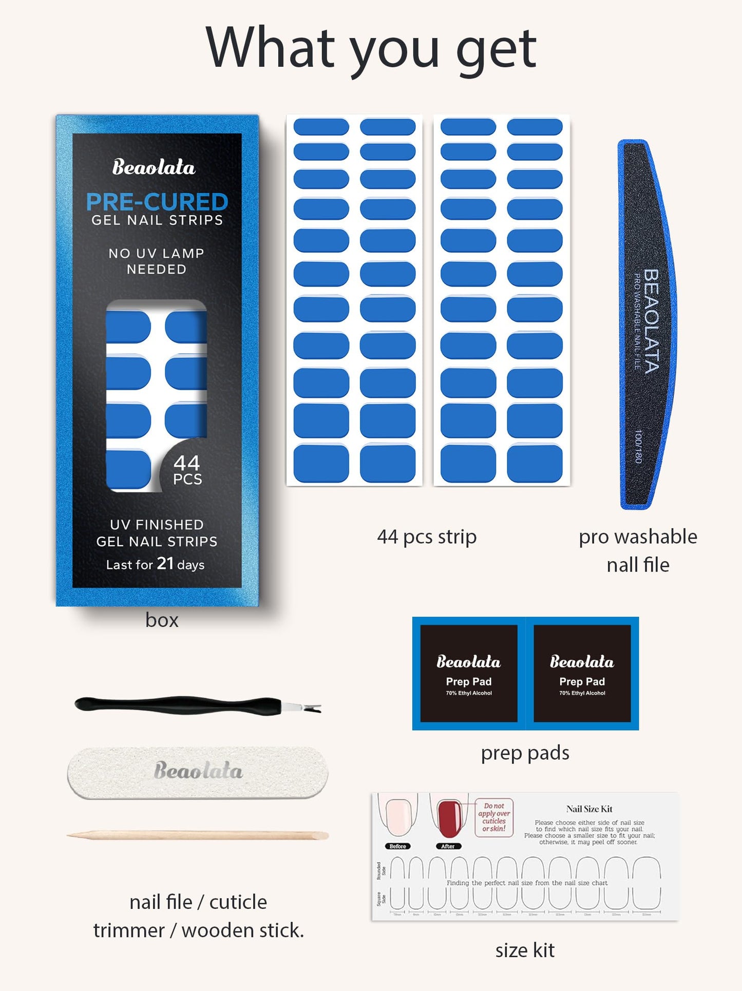 Beaolata Real Gel Nail Strips (No UV Light Needed) - 44Pcs Salon Quality Nail Stickers - Long Lasting Polish Wraps for Women, Easy Apply & Remove (Ocean Blue)