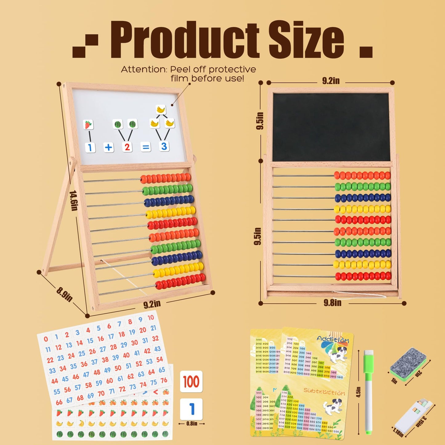 Ranqibo Wooden Abacus for Kids Math - Double-Sided Blackboard Whiteboard Magnetic Abacus with 100 Magnetic Number & Fruit Stickers - Educational Counting Games Kids Gift