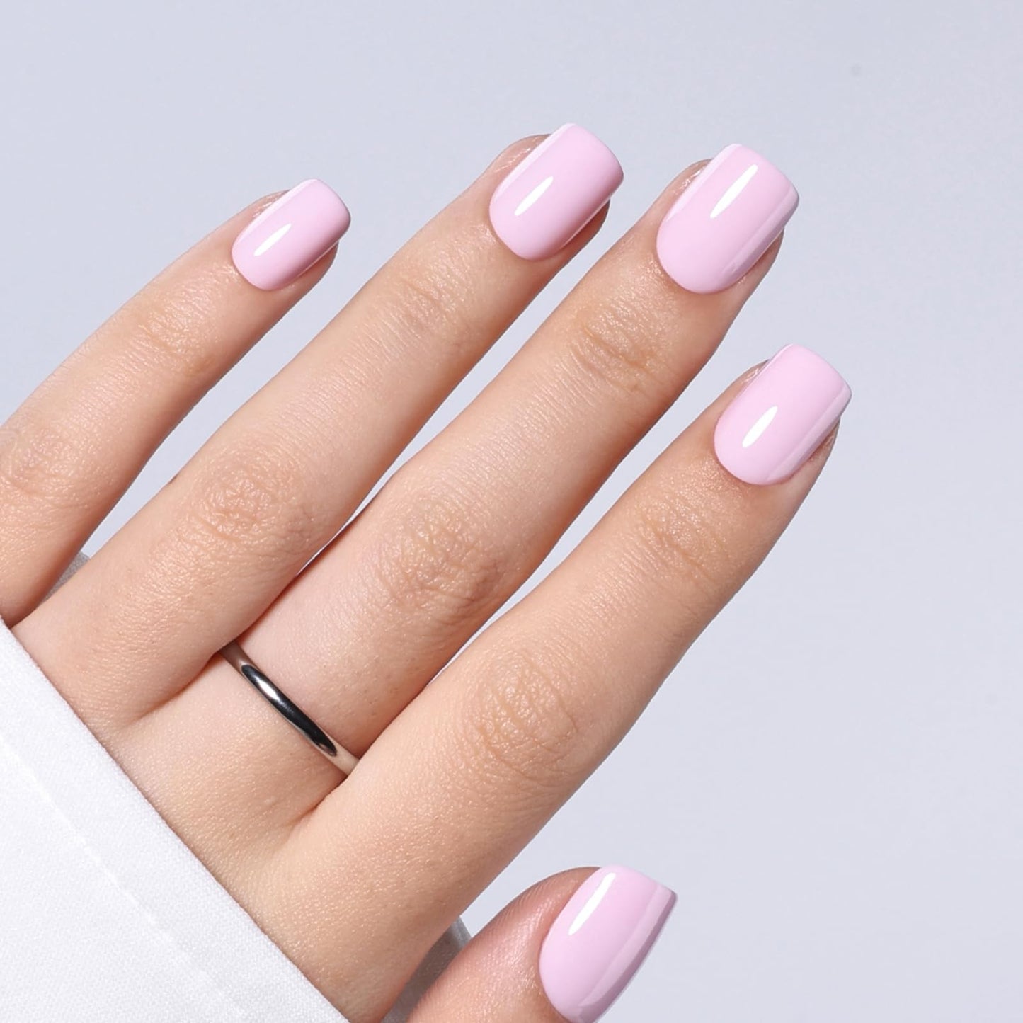 Pink Press On Nails Short Square - Solid Light Pink Glossy Fake Nails with Glue and Adhesive Tabs for Women, Reusable Press On Nail Kit, 30 PCS in 15 Sizes