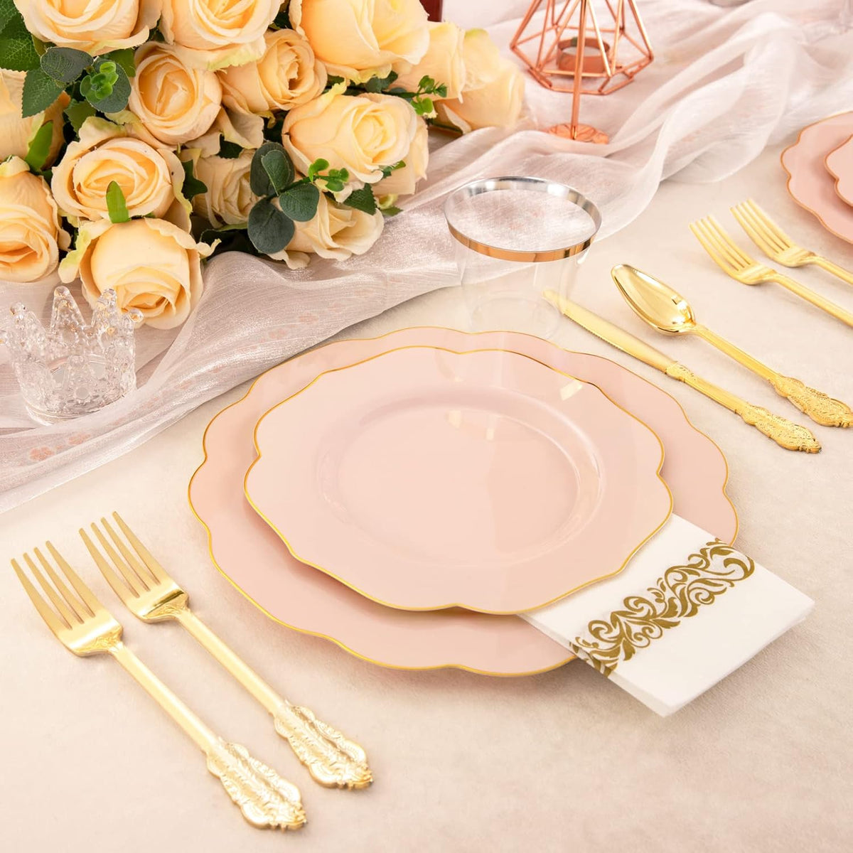 NOCCUR 175PCS Pink Plates with Gold Disposable Silverware - Include 50 Pink Plastic Plates,25 Knives,25 Forks,25 Spoons,25 Cups and 25 Napkins - Ideal for Wedding/Party
