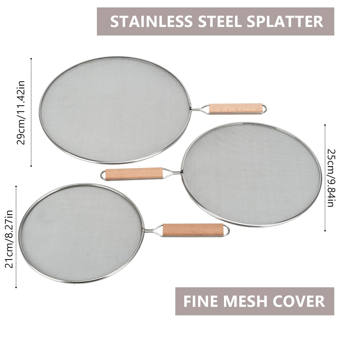 3 Pieces Grease Splatter Screen for Frying Pan, 21/25.5/29cm, with Wooden Handle
